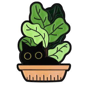 - 3/10$ NWOT black cat hiding in plants pot enamel pin